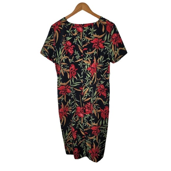 Vintage 90s Kathy Lee Tropical Sheath Dress size Medium unlined Red Knee Length - Picture 5 of 6